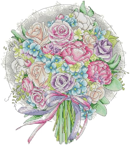 Image of CaptainCrafts Cross Stitch Kits for Adults Counted Cross Stitch Unprinted Fabrics Needlework Craft Home Decor (Counted 14CT, Purple Rose Bouquet)