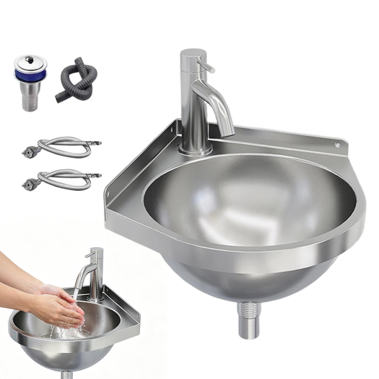 Lavabo de pared Lavamanos Esquinero con Grifo de Acero Inoxidable | Lavabo para Espacios Reducidos Para Jardín, Patio, Apartamento, Trastero, Baño, Cocina y Entrada Principal