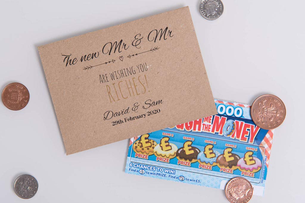 Personalised Wedding Favours - Scratch Card Holders - Lottery Ticket Envelope in White or Recycled Kraft – Mr & Mrs (Kraft 100)