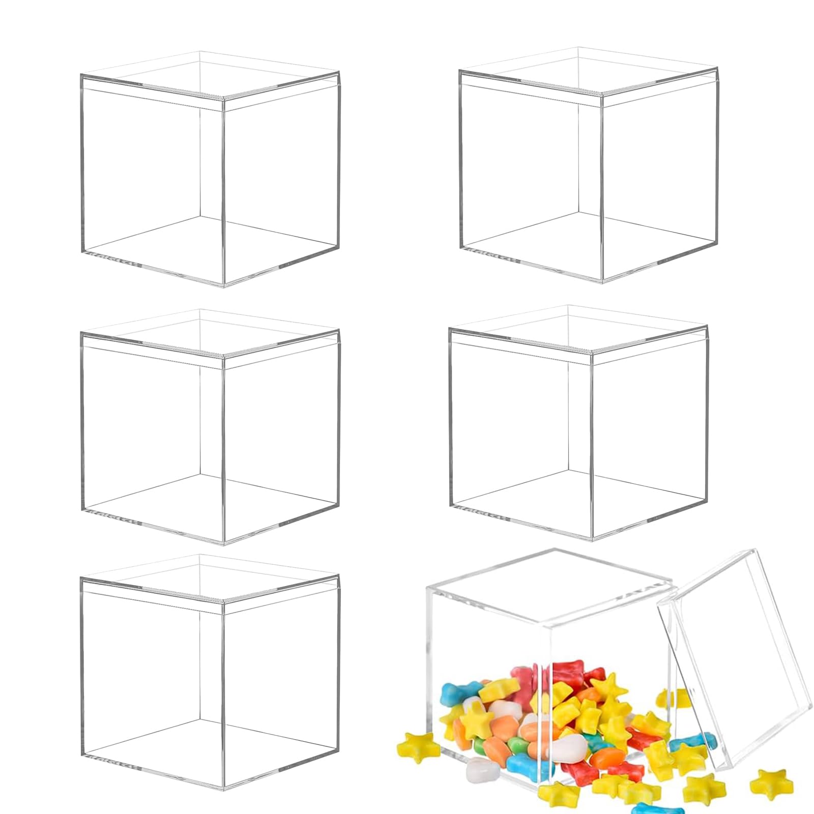 QKNOSM 6 Pcs Acrylic Display Box with Lid, 10X10X10 cm Clear Plastic Storage Cube Boxes Acrylic Gift Decorative Box Square Display Container for Storage Candy