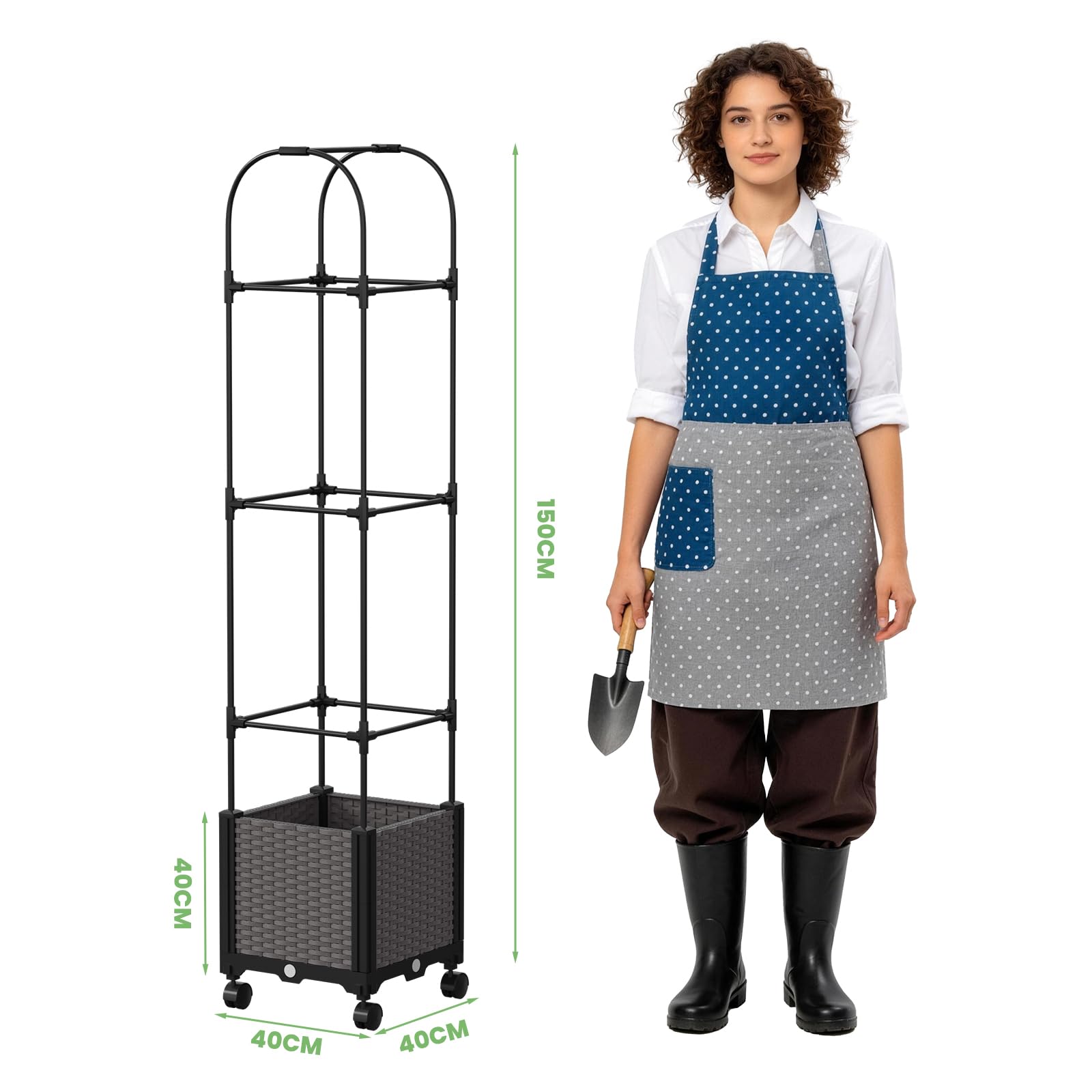 180x40x40CM Jardinière surélevée avec treillis et roues pour plantes grimpantes, bac de plantation avec protection visuelle pour tomates, concombres, rosiers grimpants, etc. (Simple)