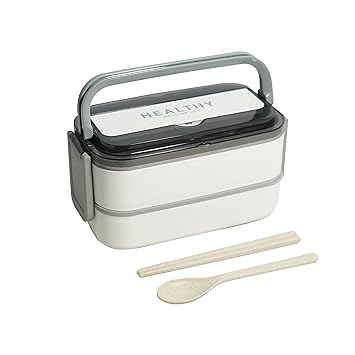 Japanese Style 2 Layer & 3 Compartments Bento Lunch Box, 2 Airtight Stainless Steel Containers + Plastic Spoon & Chopsticks, Microwave & Dishwasher Safe - (1400 ML, Cloud Grey)
