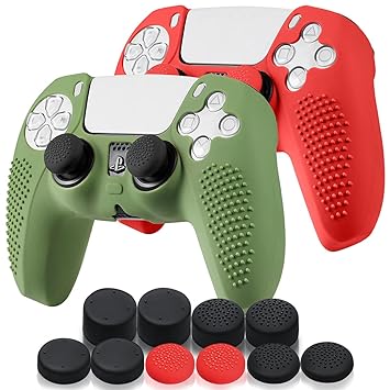 2 Pack Studded Anti-Slip Silicone Cover Skin for Sony PS5 DualSense Controller, Soft Rubber Case for Playstation 5 Wireless Controller with 10 x Pro Thumb Grip Caps (Green,Red)