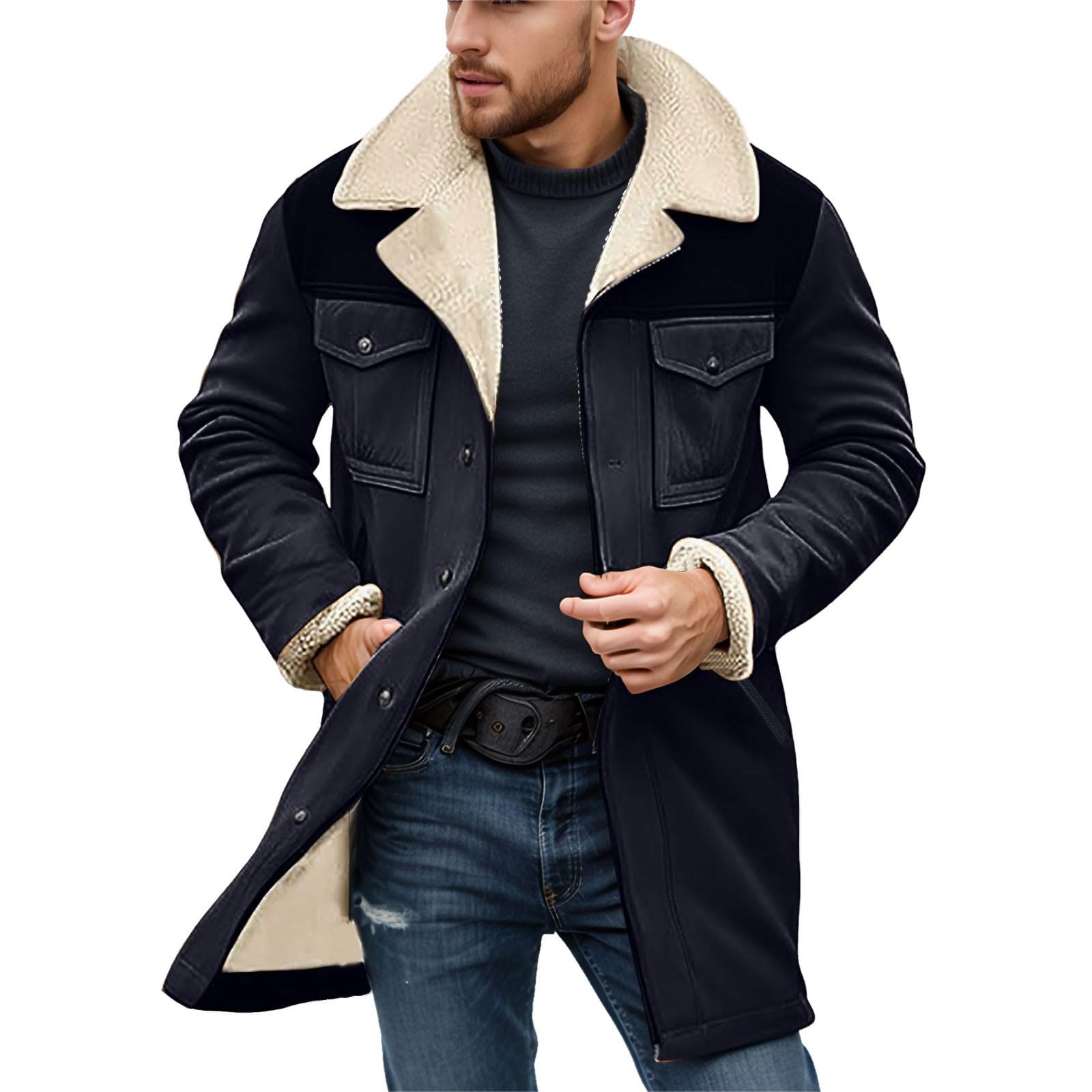 Generisch Giacca invernale da uomo lunga in pelle scamosciata, calda giacca da trekking tinta unita streetwear calda cappotto camoscio casual in pile trench cappotto caldo giacca invernale giacca