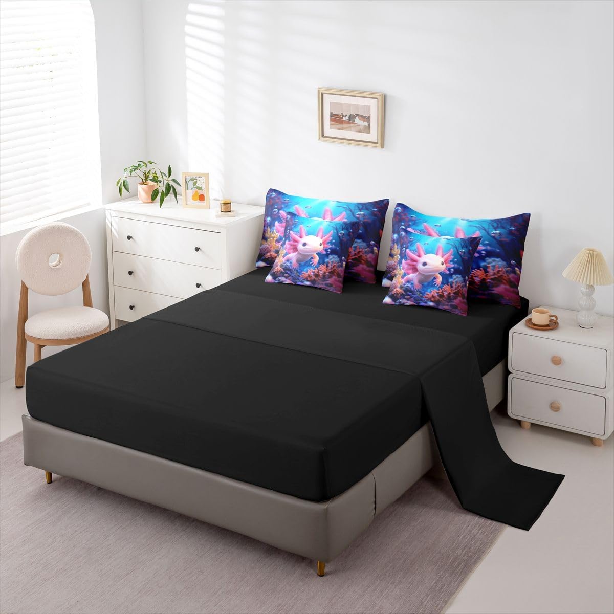 Erosebridal Kids Axolotl Queen Bedding Set for Boys Girls Underwater Axolotl Comforter Set with Flat and Fitted Sheet Coral Reef Seabed World 7-Piece Bed in a Bag 3D Reality Reptile Animal Quilt Sets image 5
