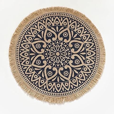 Bohemia Placemats for Dining Table ，15" Circle Burlap Place Mats with Tassel, Mandala Boho Wall Decor Burlap Placemats Jute Table Mats,Wedding Decor (C) Cover