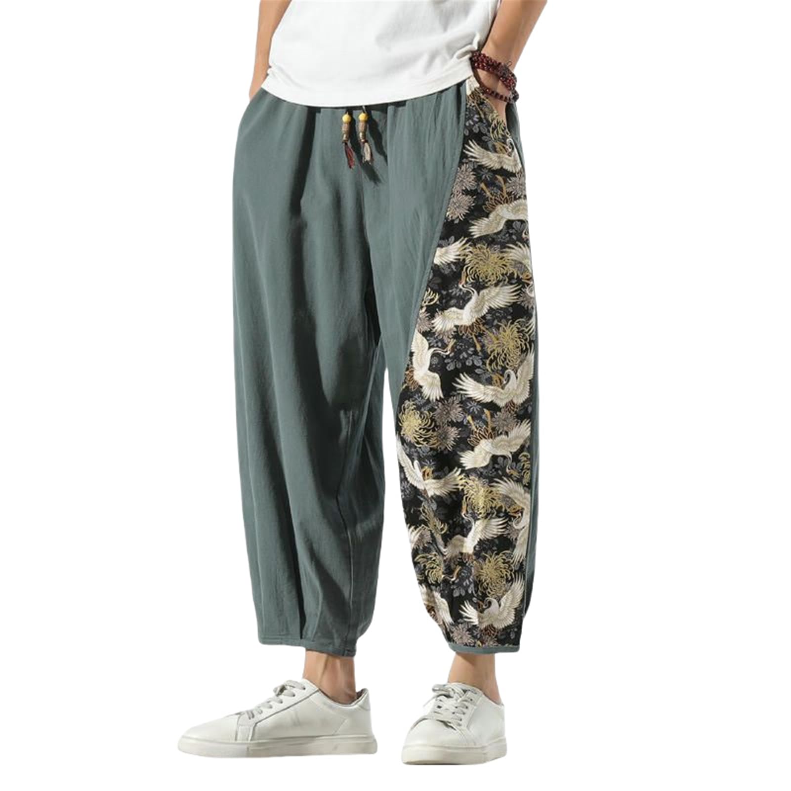 Pantalon homme style chinois patchwork coupe ample droit jambe large neuf points