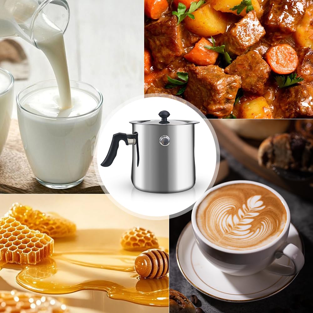 Pentola per latte con coperchio, 1,5 l, con pipa, a doppia parete, con manico in bachelite, per budini, bagnomaria, in acciaio inox, per induzione a gas (argento, acciaio inox)