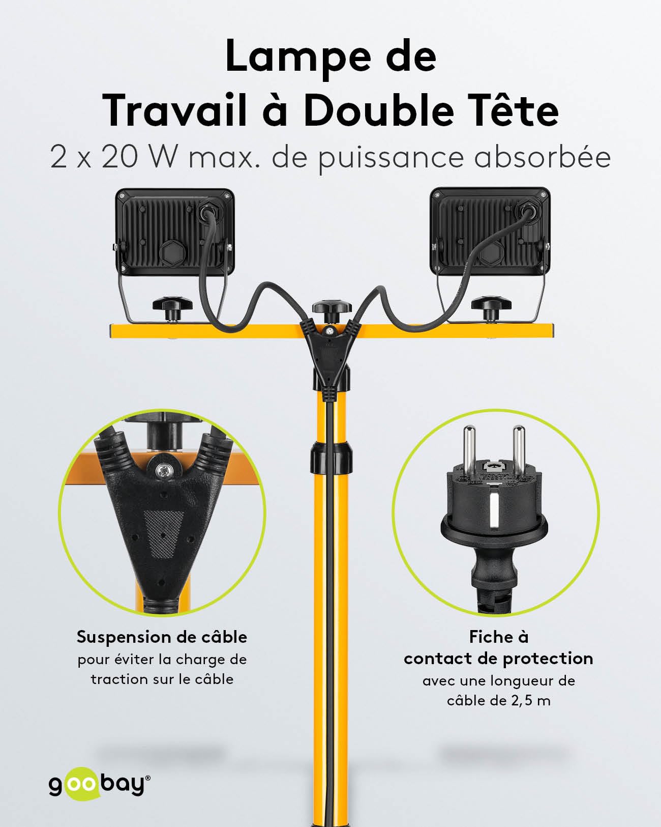 goobay 57845 Projecteur de chantier LED sur pied télescopique 2 x 20W / 3400lm / Lumière blanc neutre - 4000K / Pour l'intérieur & l'extérieur - IP65 / Noir/Jaune