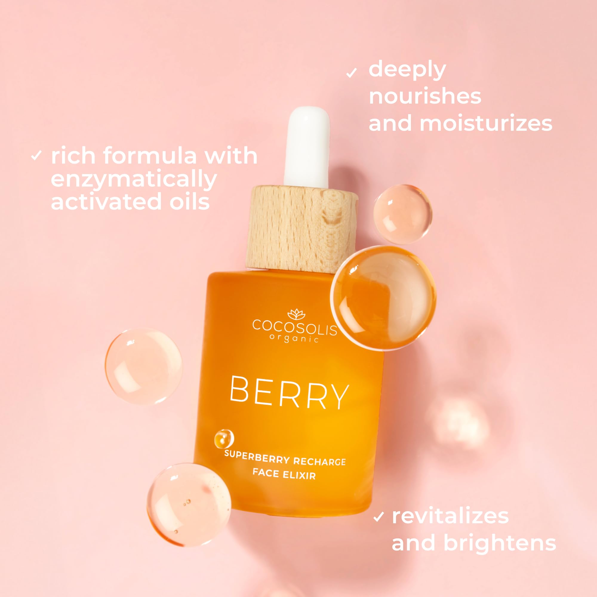 COCOSOLIS Berry Superberry Recharge Face Elixir, eliksir do twarzy z olejkami organicznymi, wegańska odżywcza pielęgnacja na dzień z witaminą E i olejkami aktywowanymi enzymami
