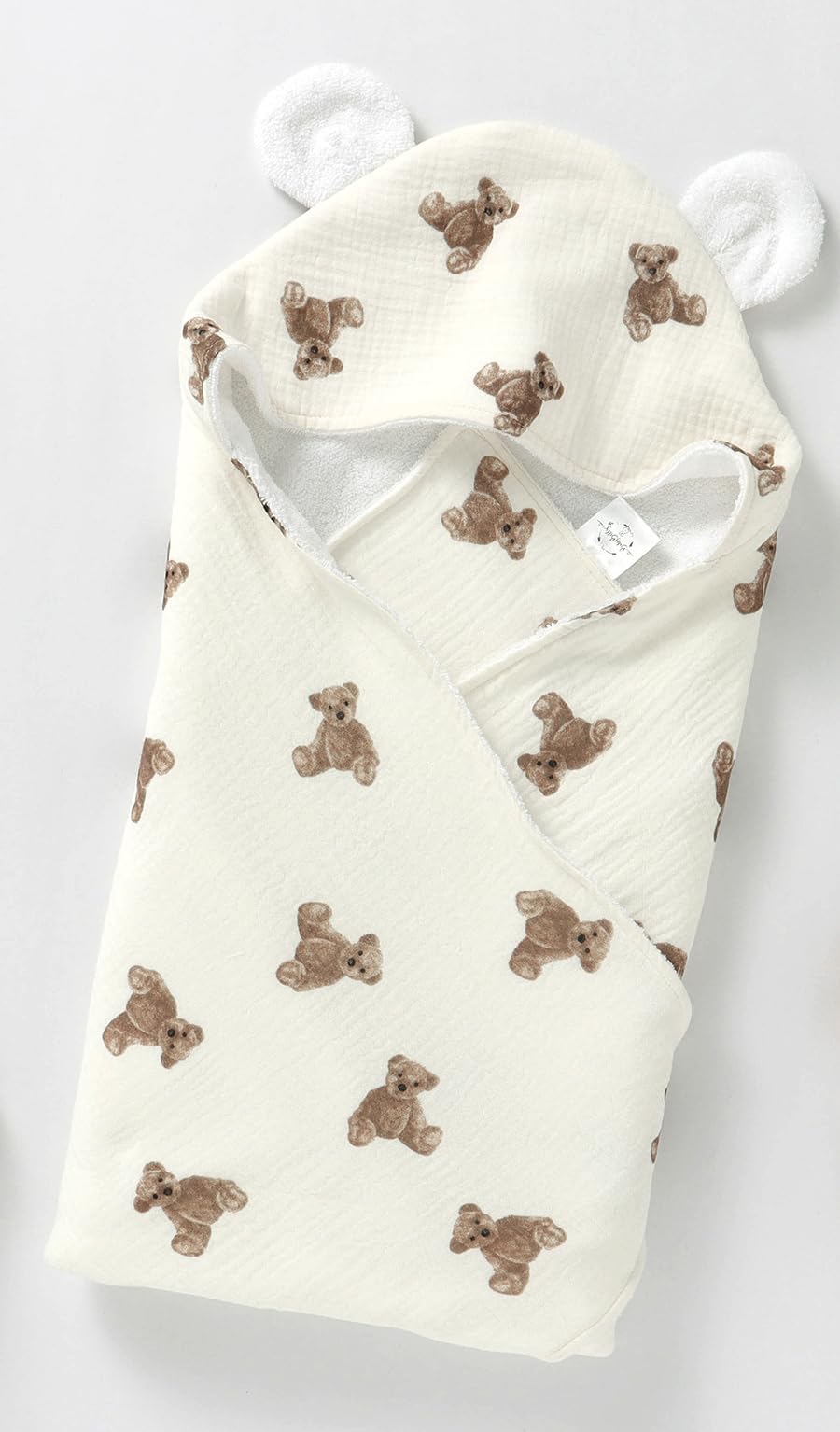 BabyBells Little Teddy Bear Organic Cotton Muslin Hooded Baby Bath Towel | Neutral Baby Boy Girl Unisex
