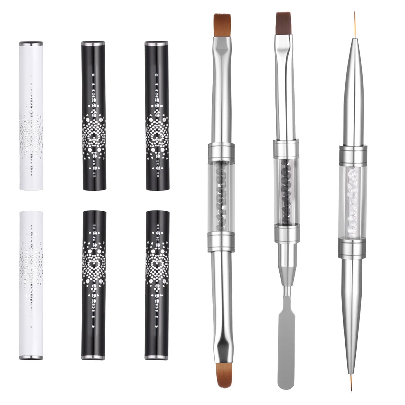 JIYIN 3Pcs Hard Gel Nail Brushes, Dual-Ended French Tip Nail Gels Liner Brush Rhinestone Handle Nails Brush, Builder Gel Liner Brushes for