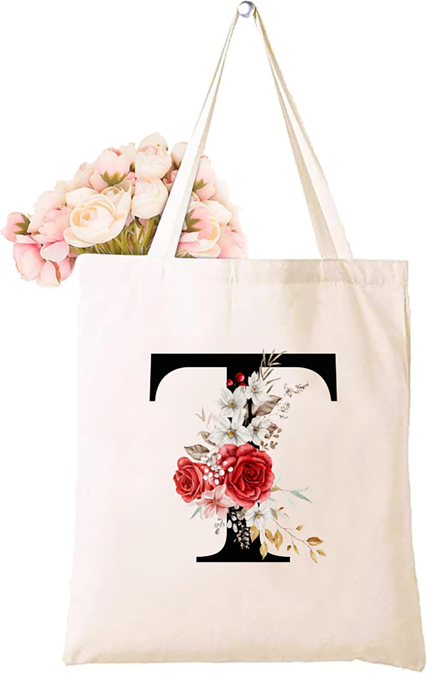 Canvas Tote Bag with Floral Design Printed with Initial Letters, Bridesmaids Bags for Women, Reusable Eco-Friendly Shopping Bag, Party Gift Idea, Easy to carry Ladies casual hand bag