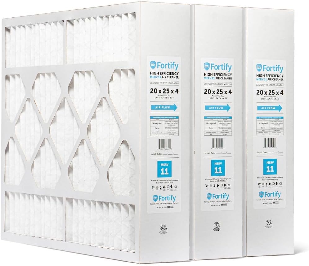 Fortify 20x25x4 MERV 11 Replacement for Honeywell FC100A1037 and Carrier Pleated HVAC AC Furnace Filters. (Quantity 1) Actual Size: 19.88 x 24.75 x 4.38