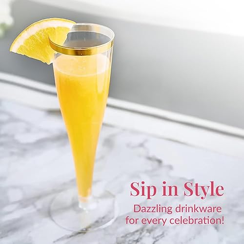 Miniatura 2 de Prestee 48 copas de champán de plástico desechables, copas de champán de plástico con purpurina dorada con borde dorado para fiestas, vasos de