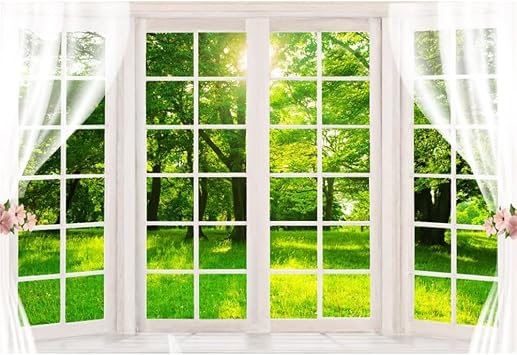 Laeacco 7x5ft Spring Window Scenery Backdrop White Windowsill Green Forest Grass Sunshine Natural Landscape Photography Background Newborn Baby Kids Family Portrait Banner Photoshoot Booth Props