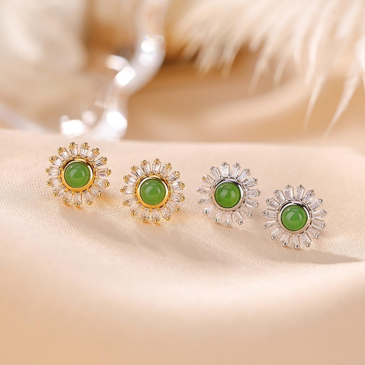 14K Gold Sunflower Jade Stud Earrings for Women,Stunning Gift for Mom on Birthday