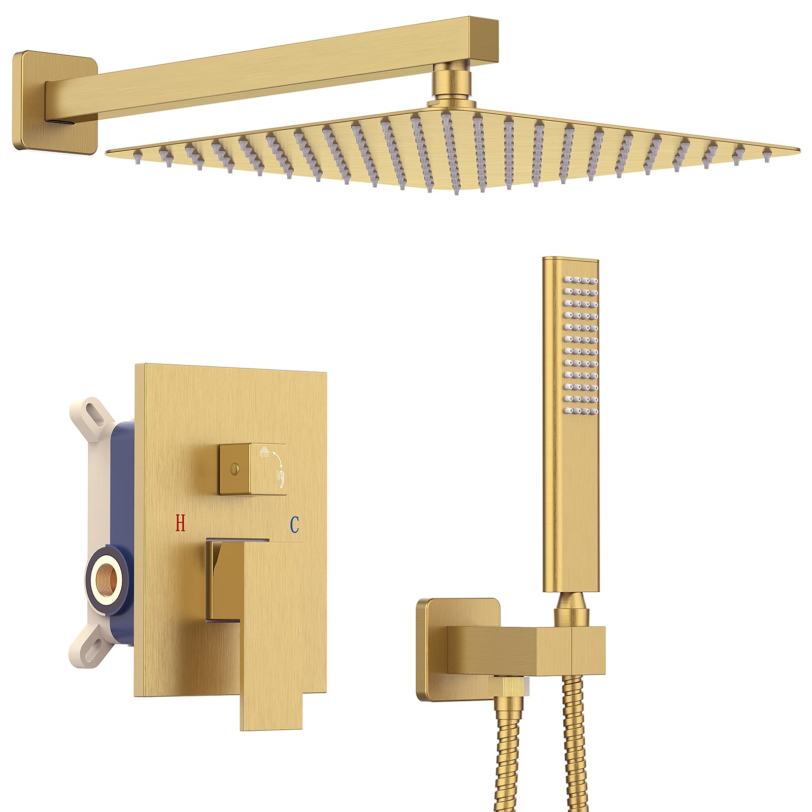 IriberBrushed Gold Rain Shower System with 10 Inch Shower Head and Handheld Bathroom Wall Mounted Shower Set Contain Shower Faucet Mixer and Trim Kit (Valve Included)