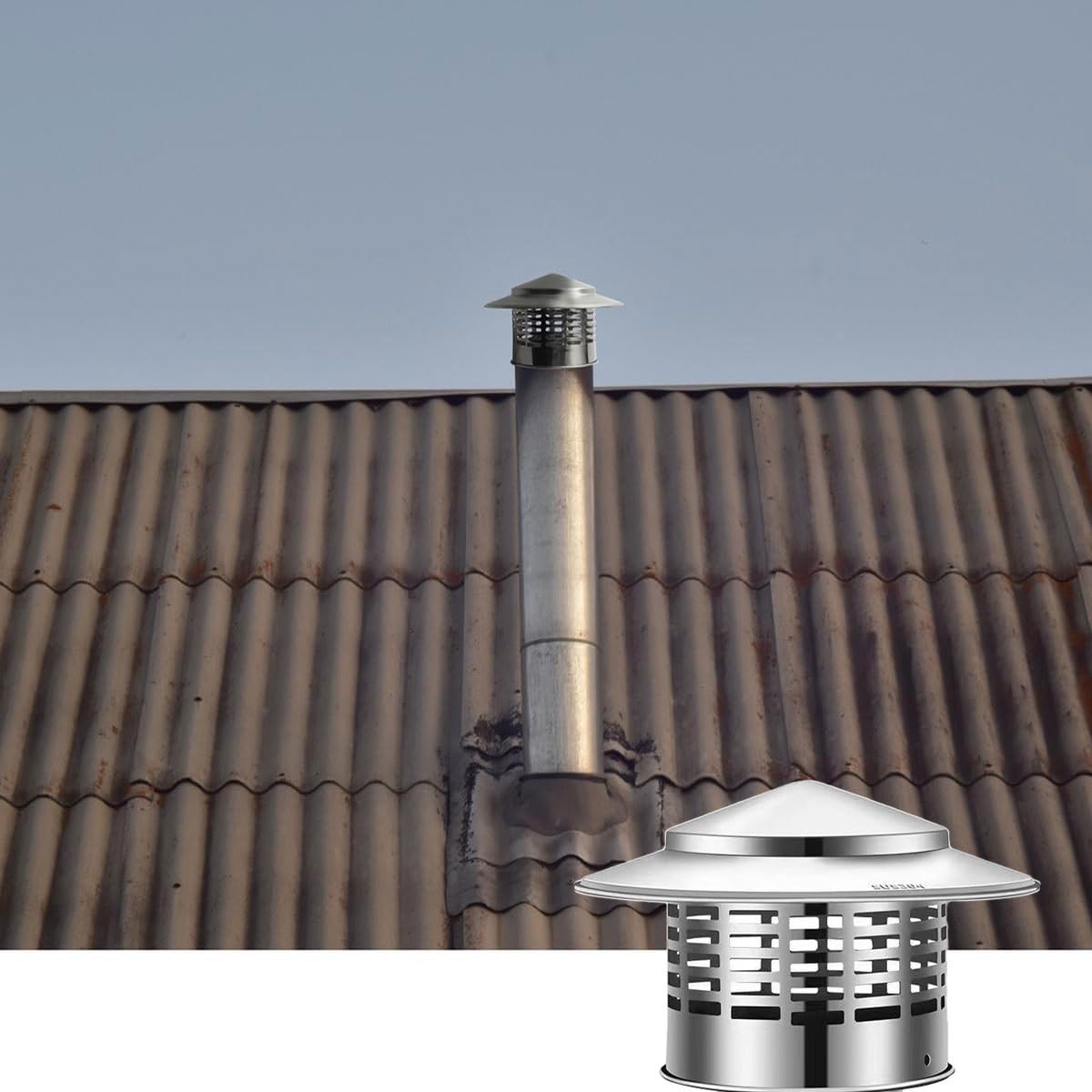 Capa de Chimenea de Acero Inoxidable Capas de Chimenea de Metal Capucha de Ventilación Montada En El Techo Techos Redondos Ventesta Para El Tubo de Estufa Exterior(200mm (7.87in))
