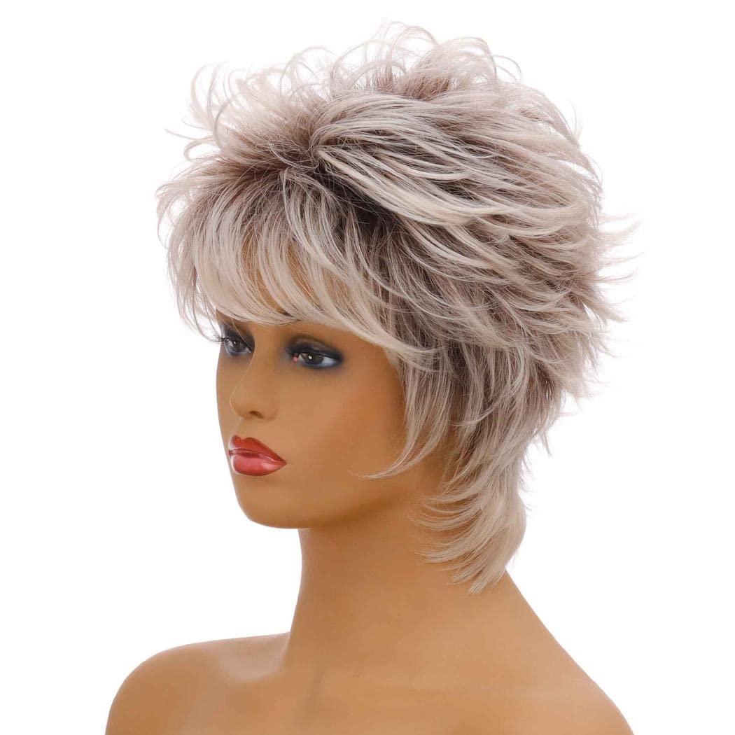 Pelucas cortas de corte pixie para mujer, pelucas de pelo completo sintético natural en capas para mujer, pelucas Ombre de cosplay de uso diario (Marrón Mezcla Gris)