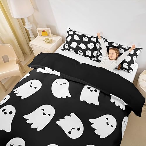 Miniatura 3 de Lindo juego de funda de edredón de fantasmas de dibujos animados con temática de Halloween, preciosa funda de edredón negra y blanca (sin relleno)