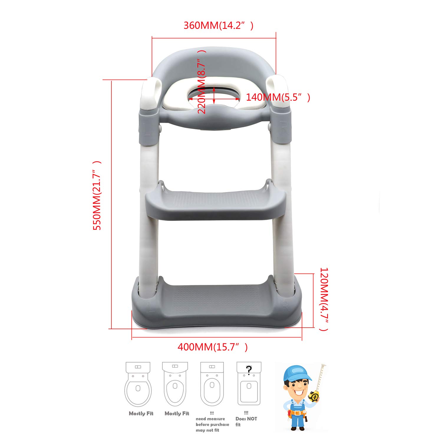 HTTMT - Asiento clásico de escalera de inodoro con cojín mejorado, silla de inodoro para bebés y niños pequeños, color gris [P/N: ET-BABY002-GRAY-C]