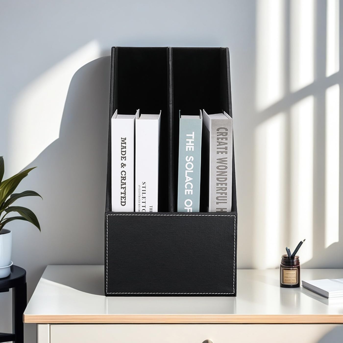KINGFOM Porte-revues A4 en cuir (Noir, 2 Compartiments)