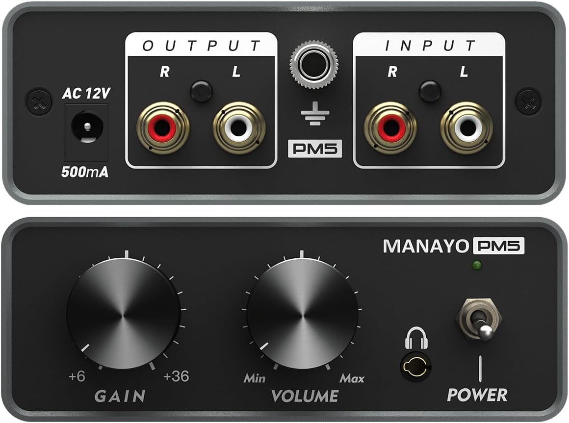 Adjustable Gain Phono Preamp for MM Turntables, Professional Mini Pre Amplifier with 6-36dB Gain, Headphone Output, RCA Connectivity with Grounding Terminal for Vinyl Record Player