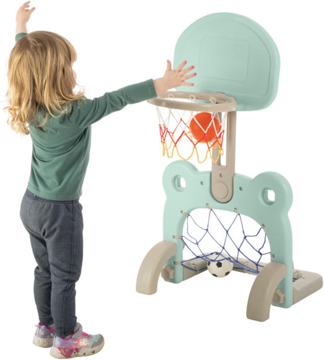 HEY! PLAY! 2-in-1 Toddler Basketball Hoop and Soccer Goal - Kids Basketball Hoop with 27 Adjustable Height Levels - Indoor/Outdoor Playset Sports Activity Center (Blue)