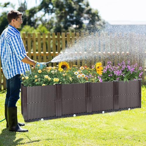 GarveeHome 160 x 40 x 20 cm großer erhöhter Pflanzkasten für den Außenbereich, selbstbewässerndes rechteckiges Gartenbeet mit Ablaufstopfen, tiefes erhöhtes Pflanzgefäß für Terrasse, Balkon, Deck