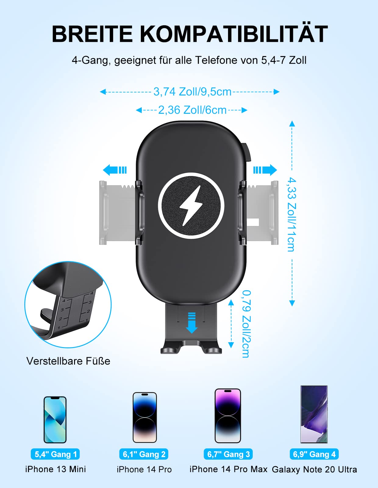 Mohard Handyhalterung Auto Mit Ladefunktion, Max 15W Fast Qi Wireless Charger, 360° Drehung & Rutschen und Fallen Nie Kfz Induktive Ladestation für 5,4"-7" Telefon (QC3.0 Autoladegerät Inklusive)