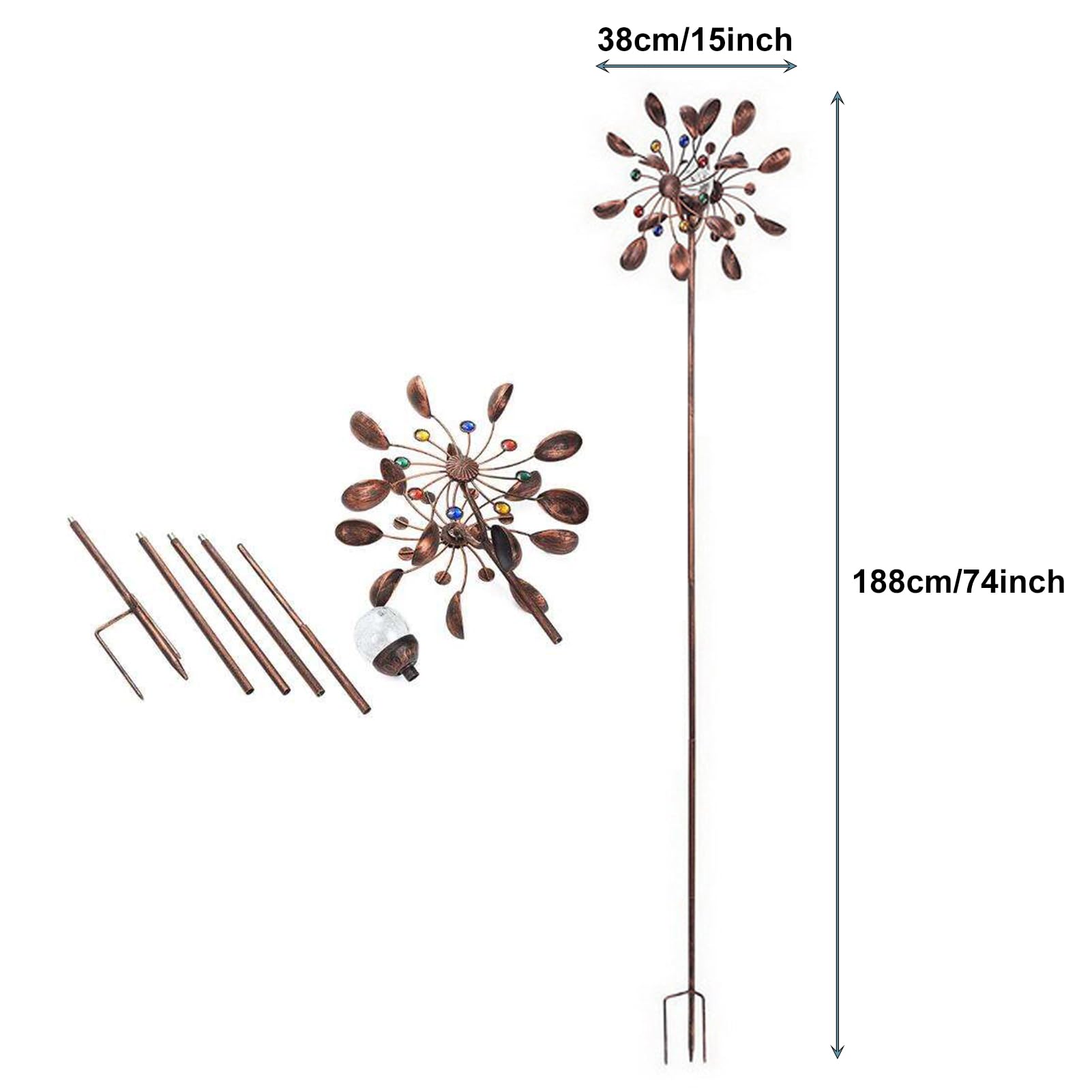 Kinetyczna turbina wiatrowa 188 cm, metalowe wiatraki z oświetleniem LED, szklana kula zasilana energią słoneczną, podwójne kierownice, rzeźby wiatrowe do dekoracji trawnika i ogrodu