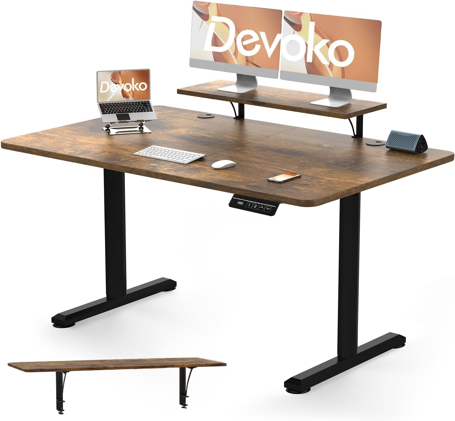Devoko Escritorio Elevable Eléctrico con Tablero 140 x 60cm, Escritorio Regulable en Altura 73-118cm, 2 Opciones de Memoria Inteligente para Estudiar, Trabajar(140×60 cm,Marrón)