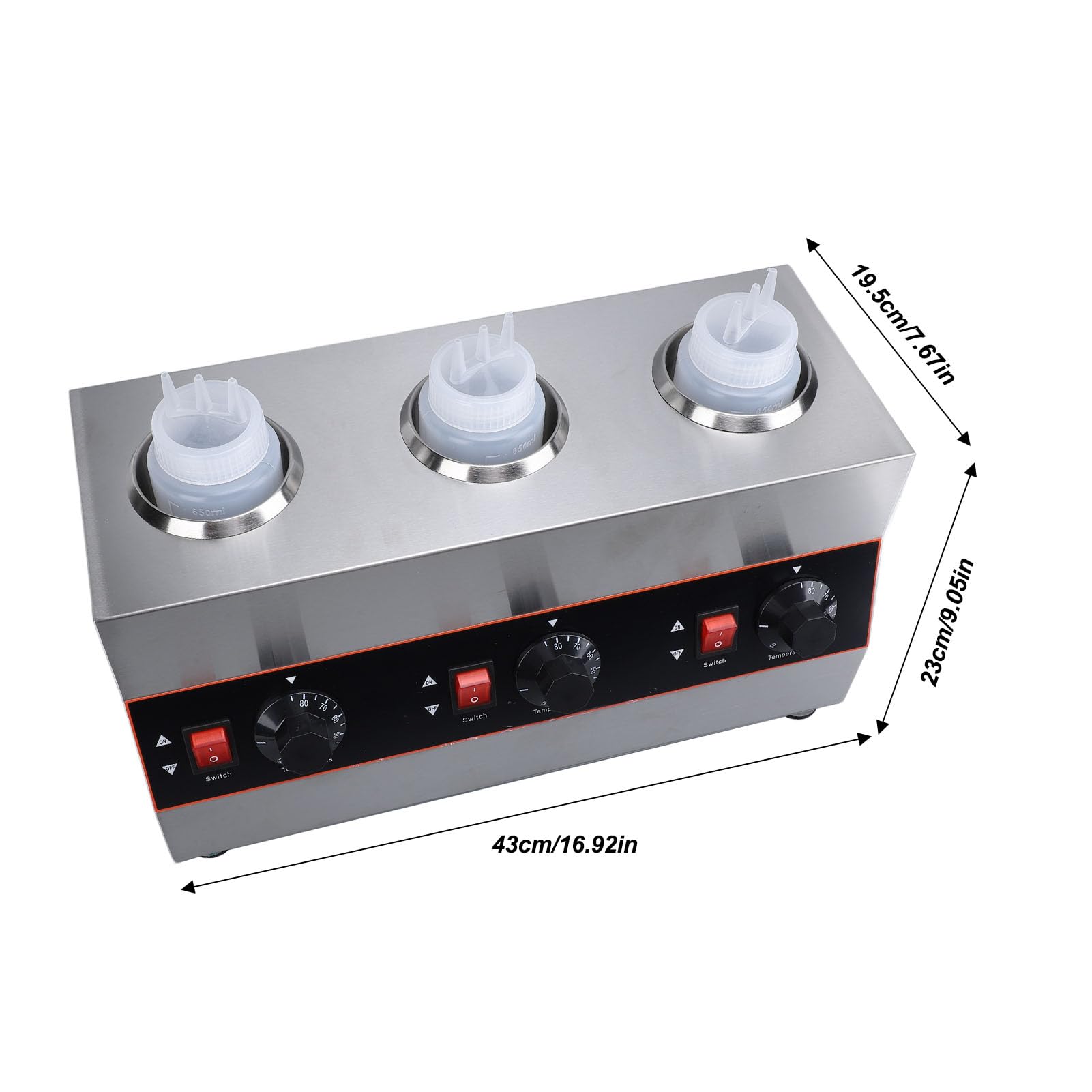 Fdit Calentador de Queso para Eléctrico 480W 3 Botellas 650ml con Temperatura Ajustable 86-185F y Acero Inoxidable 304 para Nacho Cheese Hot Fudge Caramel (Enchufe europeo 220V)