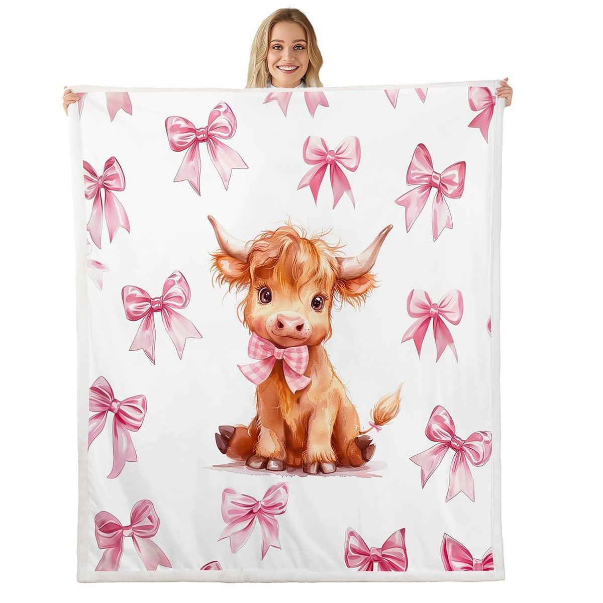 Highland krowa szerpa koce urocza kreskówka zwierzę narzuta koc różowa księżniczka kokardka koce polarowe podwójne 152 cm x 203 cm dla dzieci dziewcząt nastolatek kobiet łóżko sofa, kawaii kokarda