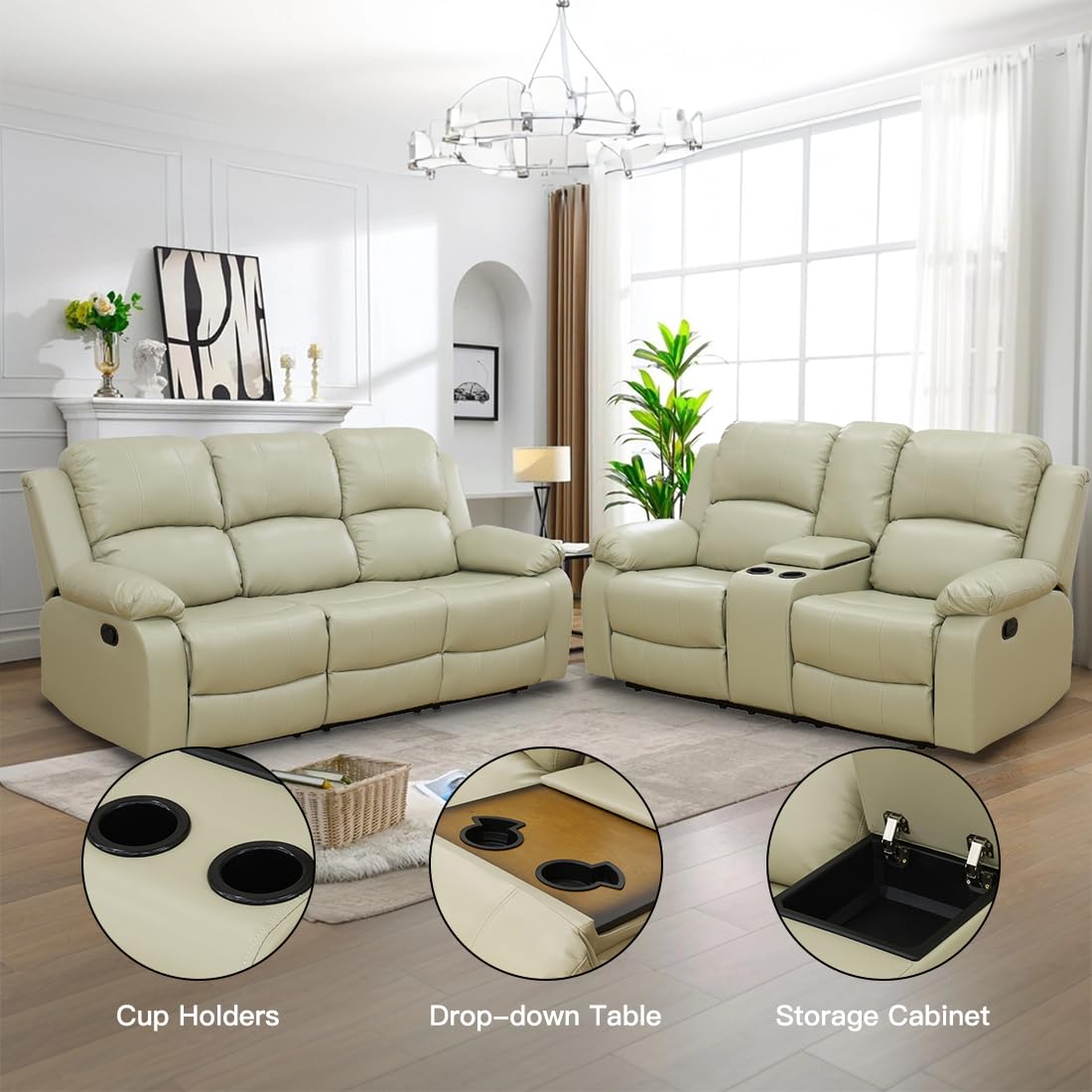 Toseslo Living Room Furniture Sets, Manual Reclining Sofa and Lovseat Set with Drop-Down Table, Leather Recliner Couch Sets, Recliner Sofa with Storage Console/Cup Holder for Home/Apartment(Beige) view 3