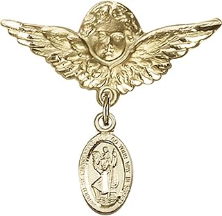 14kt Yellow Gold Baby Badge with St. Christopher Charm and Angel w/Wings Badge Pin 1 1/8 X 1 1/8 inches
