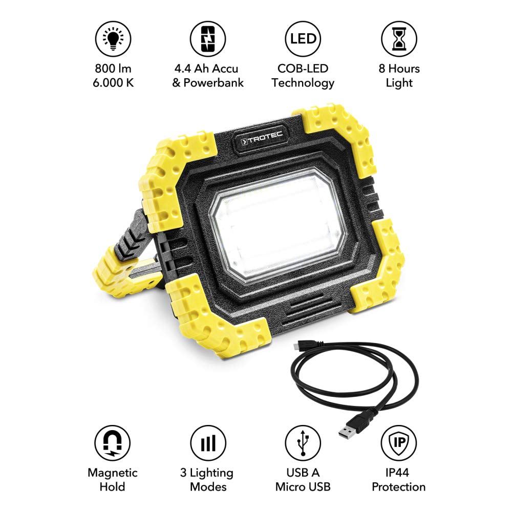 TROTEC Lámpara de Trabajo USB recargable PWLS 06-10, COB LED, 800 lm, 3 modos, Ajustable en 180º, Linterna de Trabajo