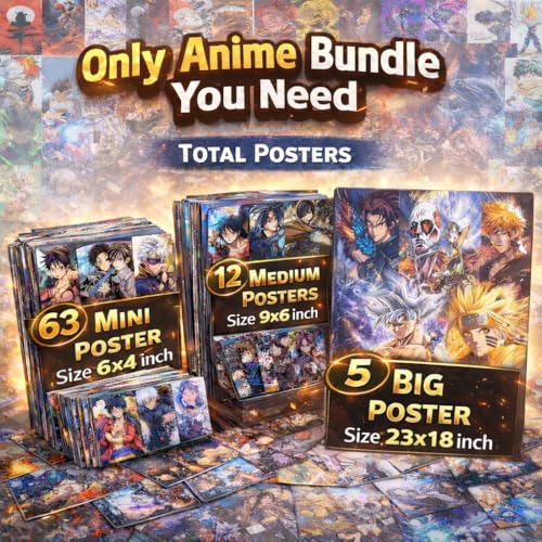 Image of Anime Wall Poster Set - 80 PCS Anime Posters Collection | 63 Small (6x4 in), 12 Medium (9x6 in), 5 Large (23.8x16.6 in) | 300 GSM Thick Premium Paper | Aesthetic Room Decor for Bedroom, Gaming Setup & Otaku Gifts