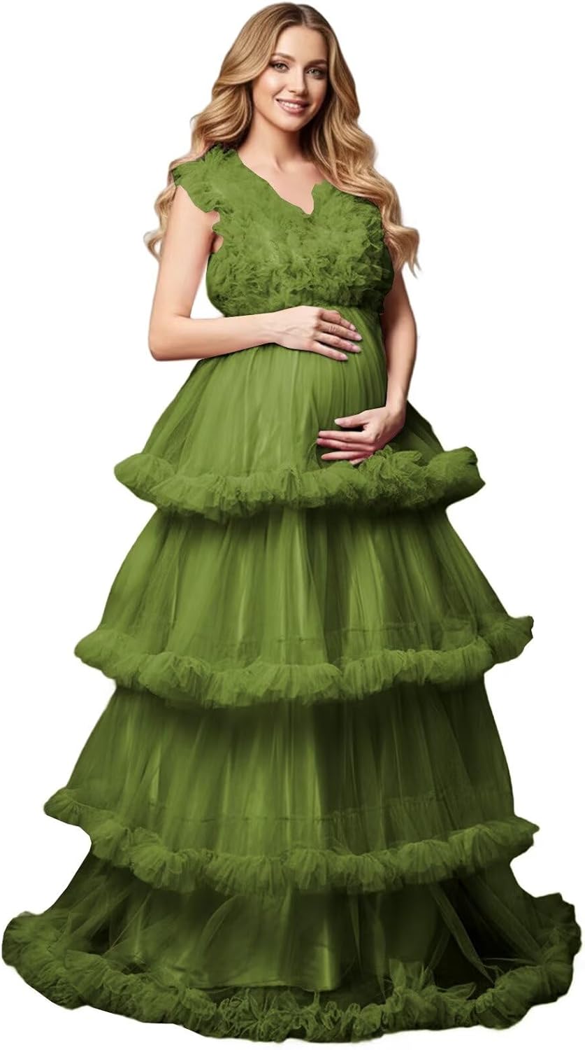 Tiered Ruffles Maternity Dress for Photoshoot Puffy Tulle Pregnancy Gown V Neck Long Postpartum Formal Dresses LR19