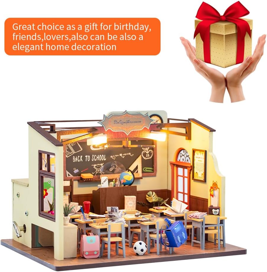 DIY Miniature Dollhouse Kit School Classroom House Wooden Miniatures House Crafts DIY Model Kits Christmas Birthday Gifts for Men and Women Friend (Without Dust Cover)