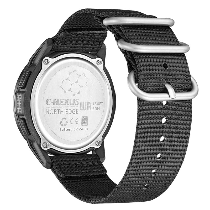 Rear view of the NORTH EDGE C-Nexus watch, showing the stainless steel case back with model name C-NEXUS, NORTH EDGE branding, water resistance rating of 50M/164FT, and battery type CR 2430.