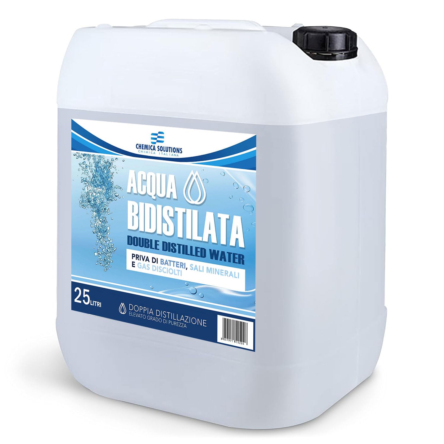 CHEMICA SOLUTIONS Acqua Bidistillata Pura per Uso Industriale e clinico tanica da 25 Litri, Distillata Due Volte, Demineralizzata, per Ferri da Stiro, umidificatori, batterie e Altro Made in Italy