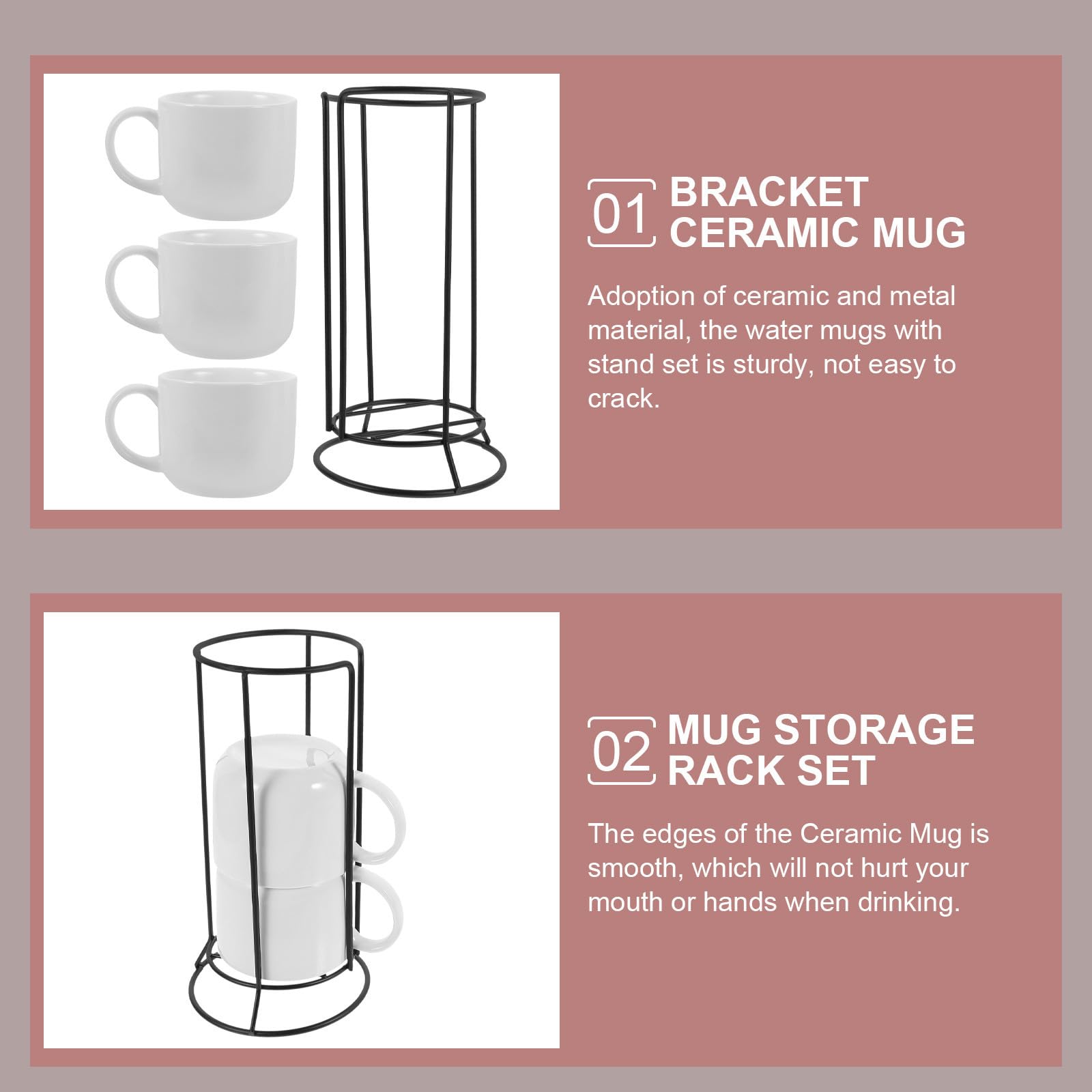 Zerodeko Tazas de Cerámica Bordes Suaves Juego de 4 para Café y Agua con Soporte de Hierro Blanco y Diseño Resistente, Adecuado para Cafeterías y Panaderías