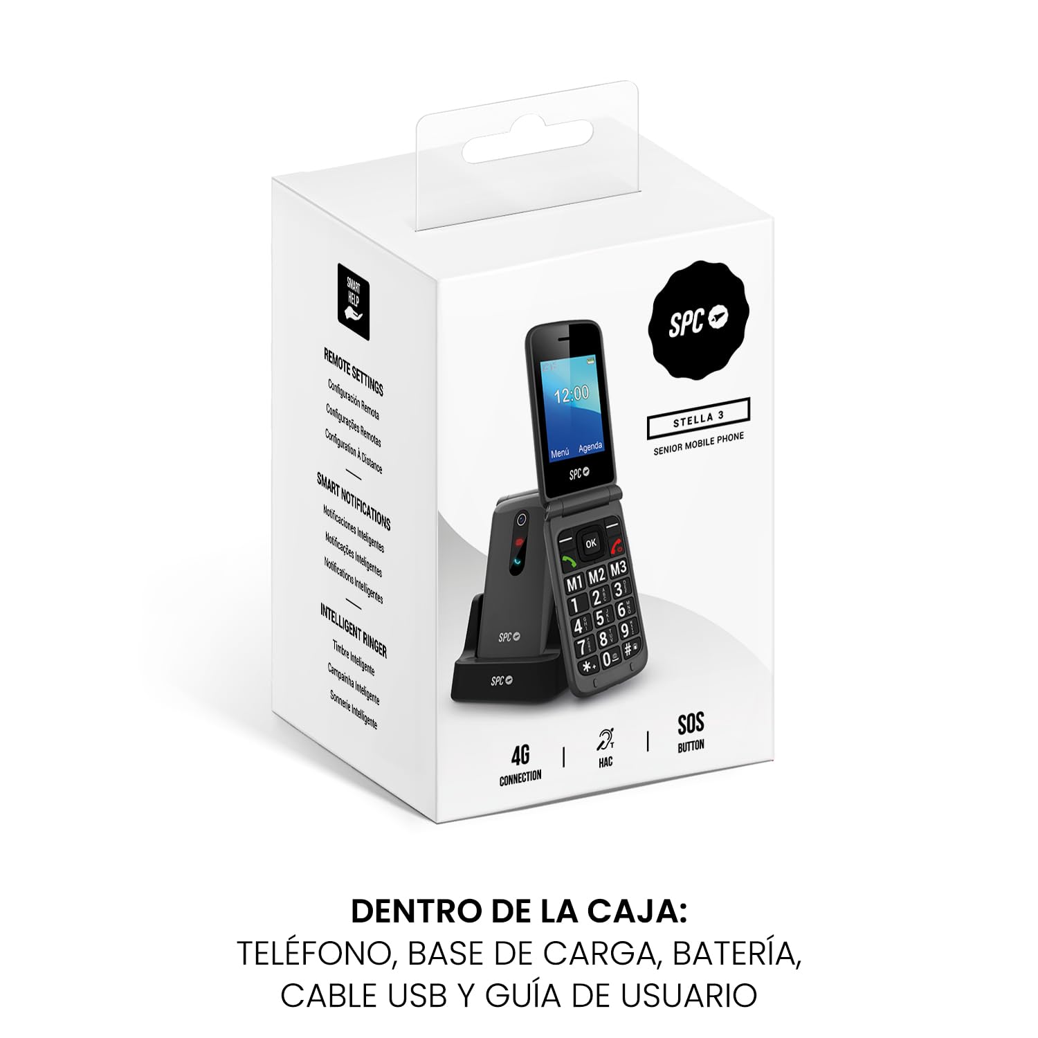 SPC Stella 3 - Teléfono móvil para Mayores con Tapa y 4G | Menú y Teclas Grandes | Botón SOS, configuración remota, Compatible audífonos y Volumen 103dB | Base de Carga y 3 memorias directas, Negro