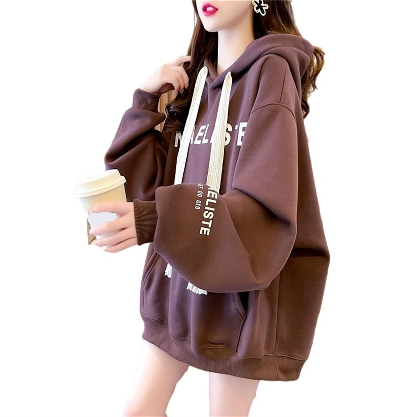 Hoodie Women Hoodies for Women Sweatshirt for Women - Letter Print Hoodie Thin Sweatshirt Long Sleeve Top (Color : Coffee, Size : Large)