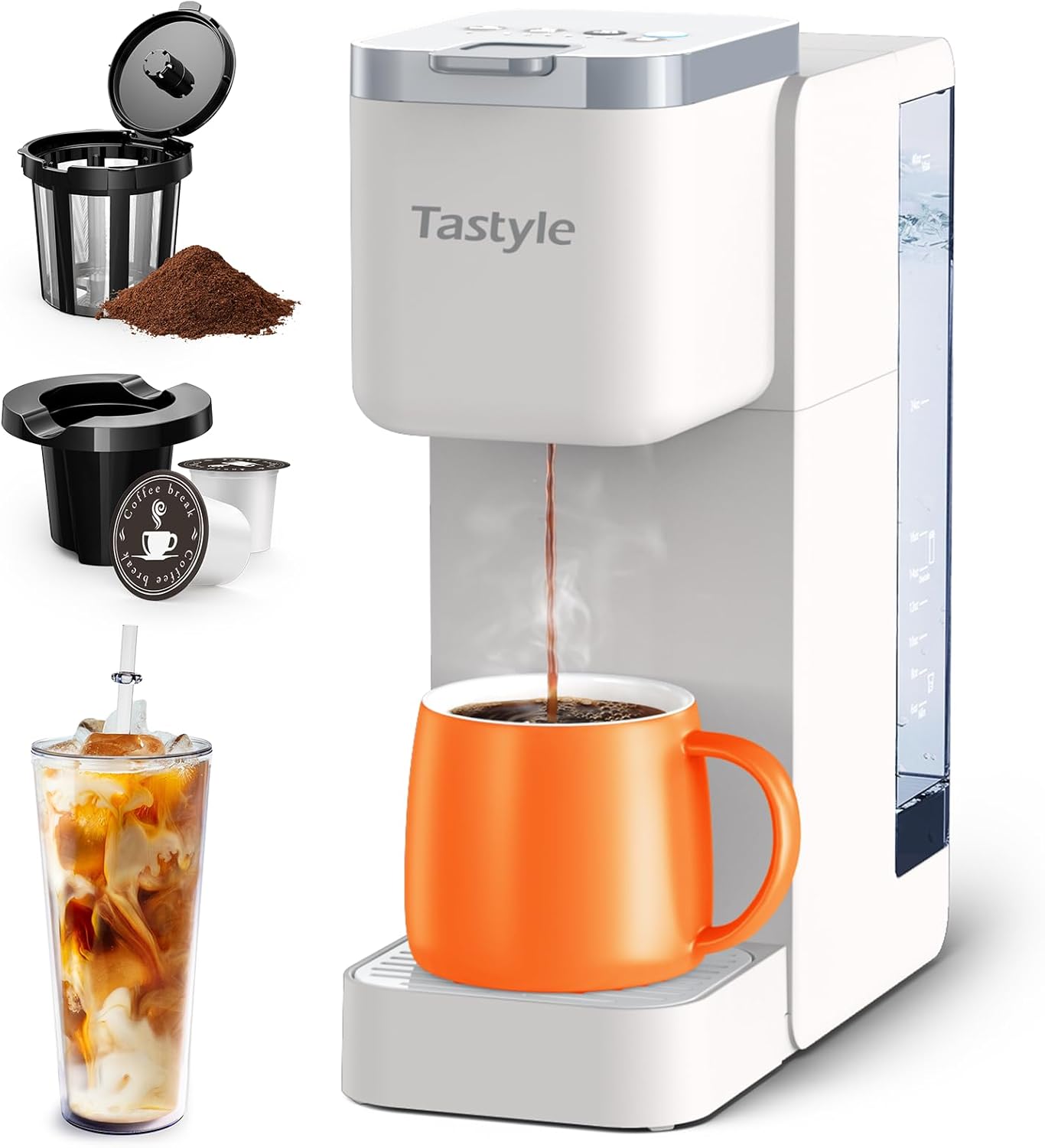 Iced Coffee Maker, Single Serve Coffee Machine for K Cup & Ground Coffee, with Removable 40 oz. Water Reservoir, One Cup Coffee Brewer for Home, Office, RV and Dorm, White