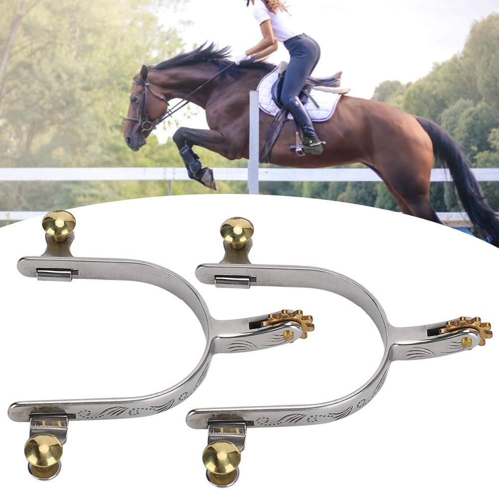 Zerodis Speroni per cavalli, 2 pezzi, stile cowboy occidentale, in acciaio inox, incisione floreale con ingranaggi in rame e fibbia per cintura in rame