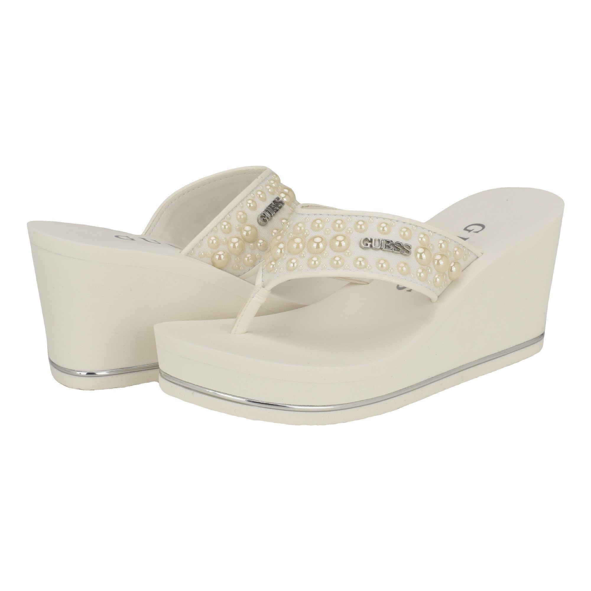 GUESS Women's Silus Wedge Sandal, White 140, 4.5 UK