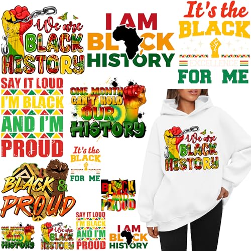 12 hojas de calcomanías de transferencia de calor lavables para ropa, chaquetas, diseño de historia negra, parche de vinilo para planchar con texto en inglés «I Am Black History»